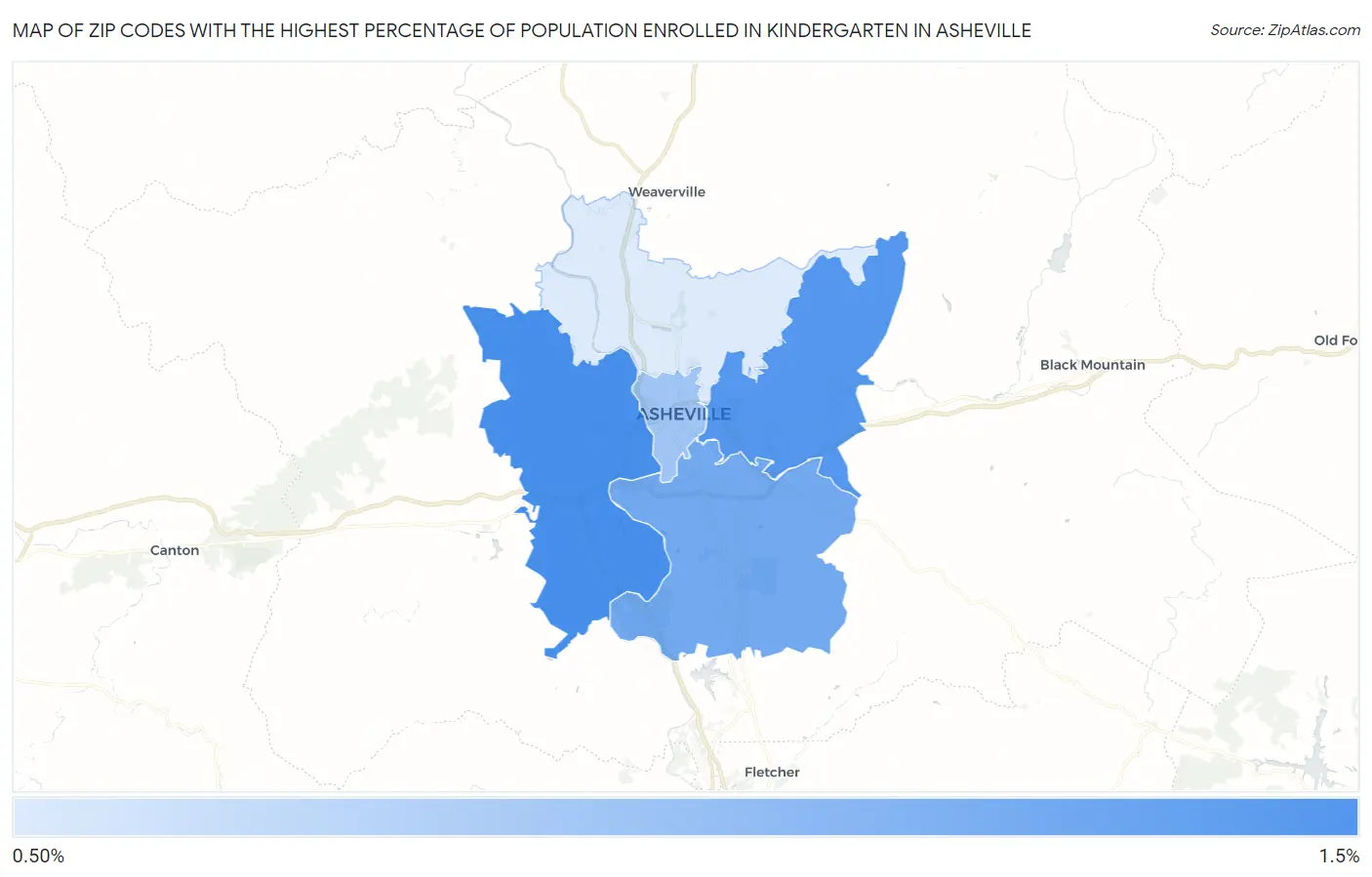 Zip Codes with the Highest Percentage of Population Enrolled in Kindergarten in Asheville Map