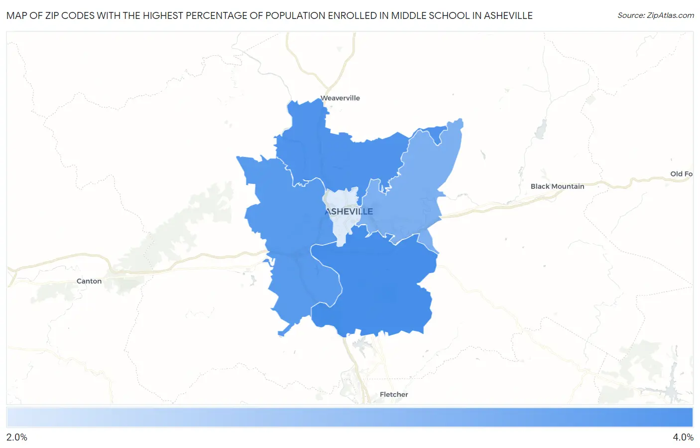 Zip Codes with the Highest Percentage of Population Enrolled in Middle School in Asheville Map
