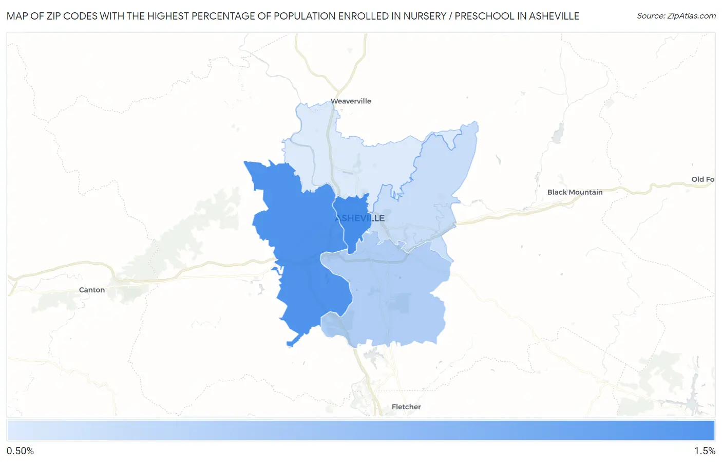 Zip Codes with the Highest Percentage of Population Enrolled in Nursery / Preschool in Asheville Map