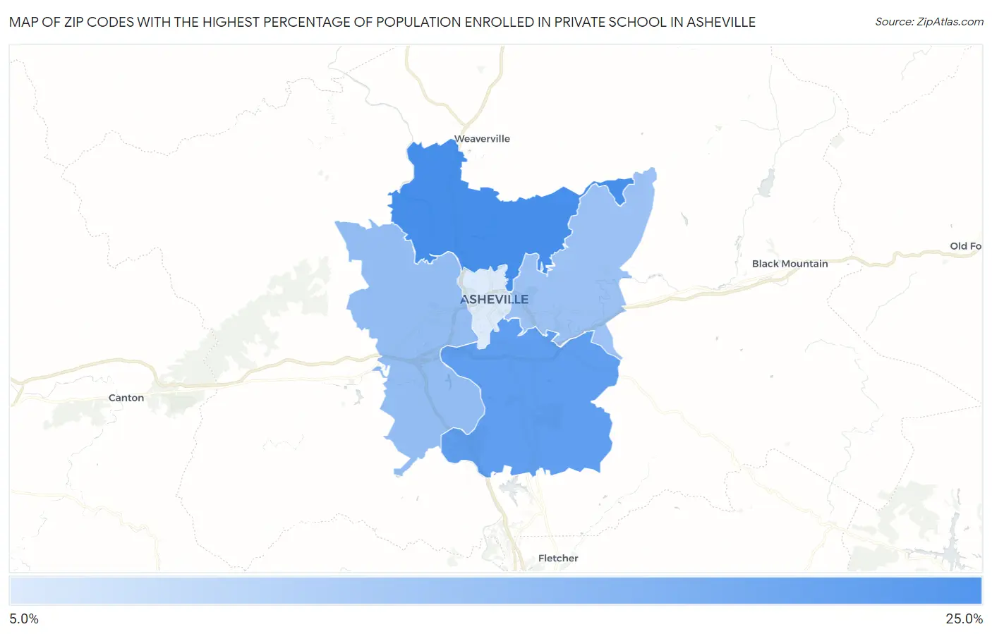 Zip Codes with the Highest Percentage of Population Enrolled in Private School in Asheville Map