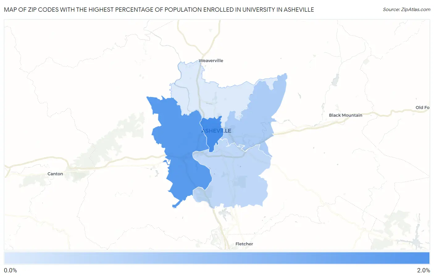 Zip Codes with the Highest Percentage of Population Enrolled in University in Asheville Map
