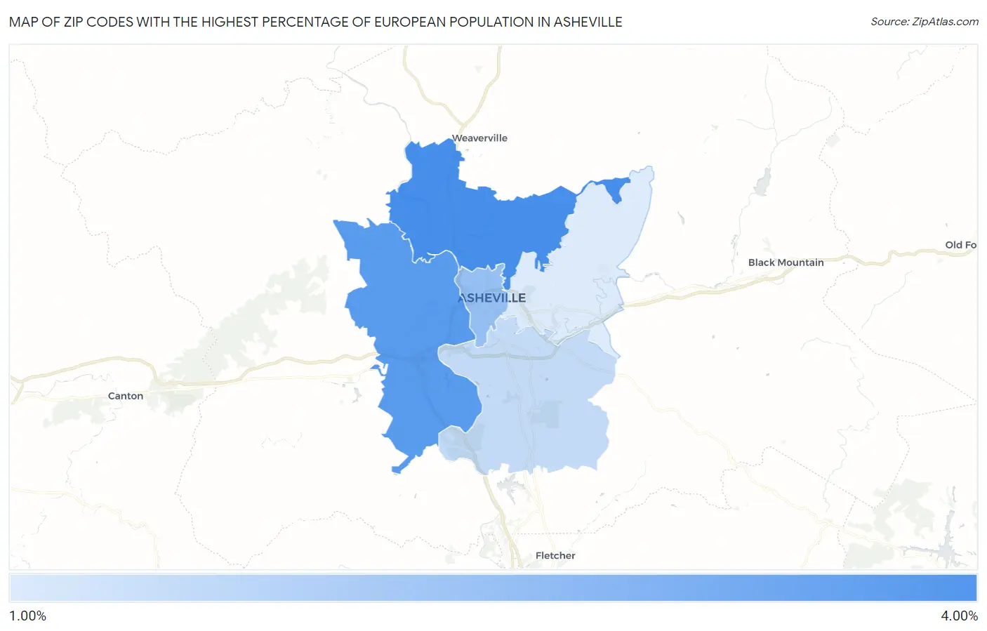 Zip Codes with the Highest Percentage of European Population in Asheville Map
