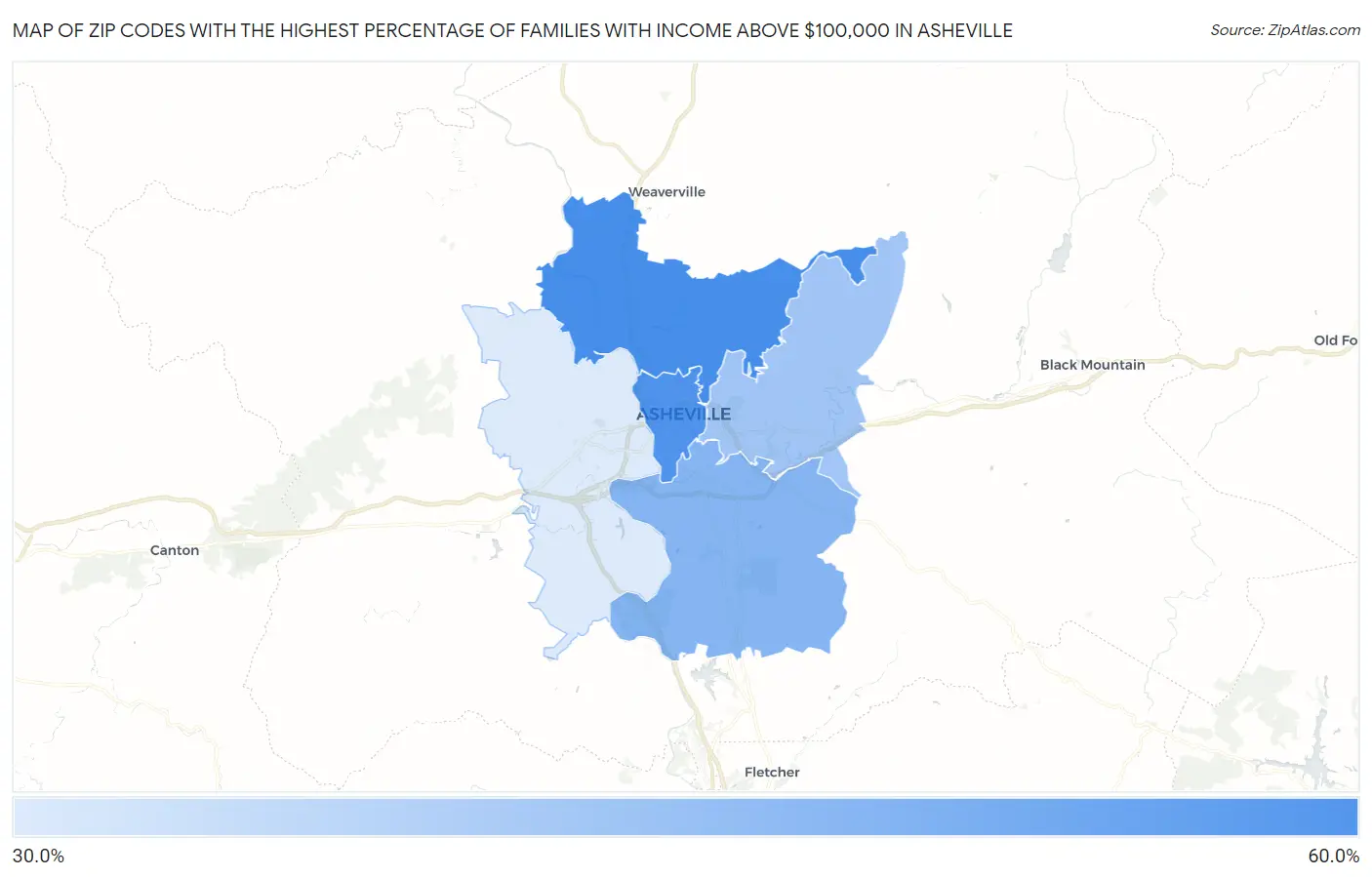 Zip Codes with the Highest Percentage of Families with Income Above $100,000 in Asheville Map