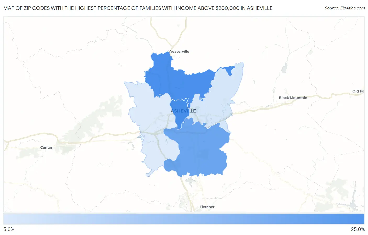 Zip Codes with the Highest Percentage of Families with Income Above $200,000 in Asheville Map