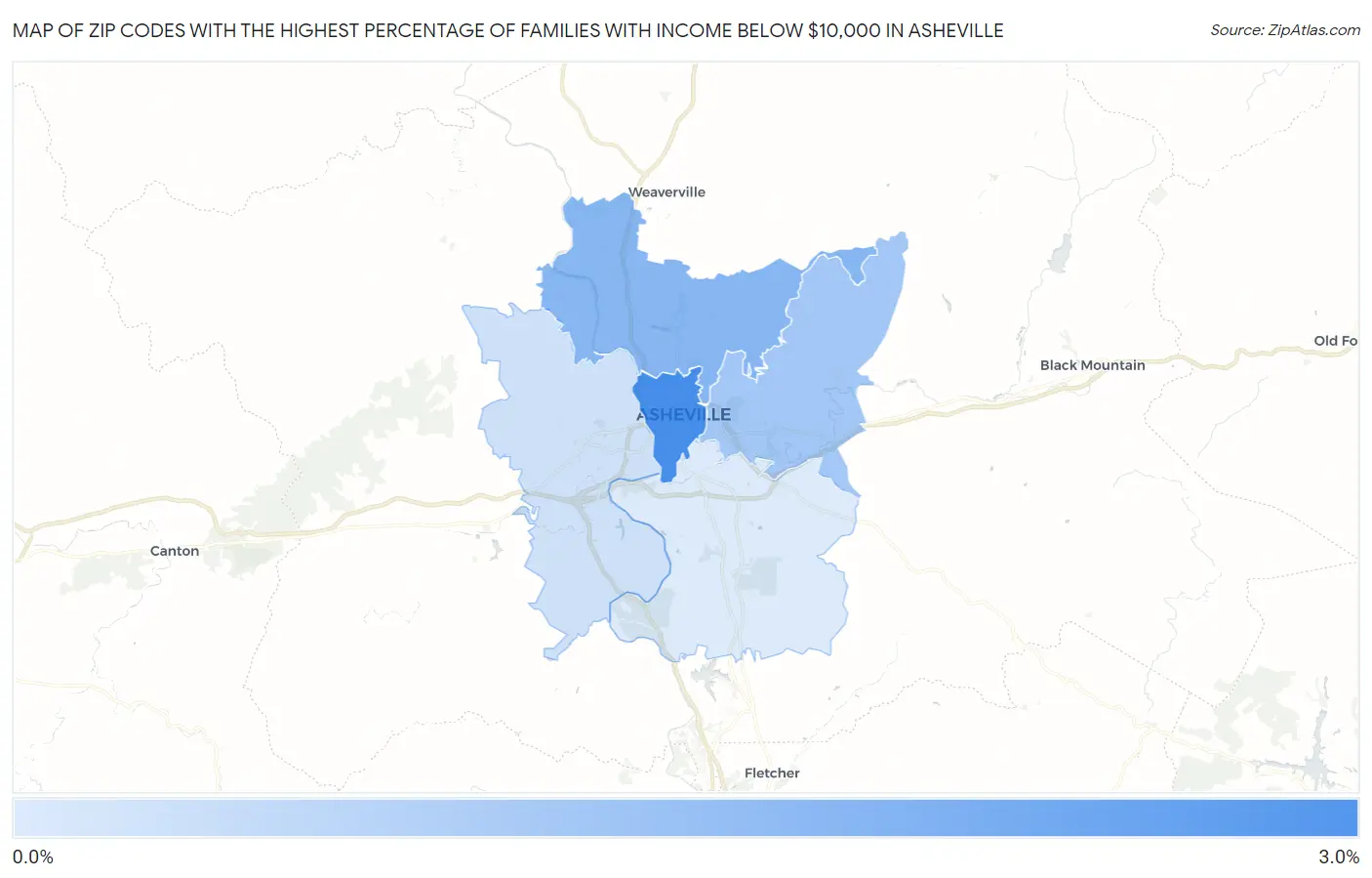 Zip Codes with the Highest Percentage of Families with Income Below $10,000 in Asheville Map