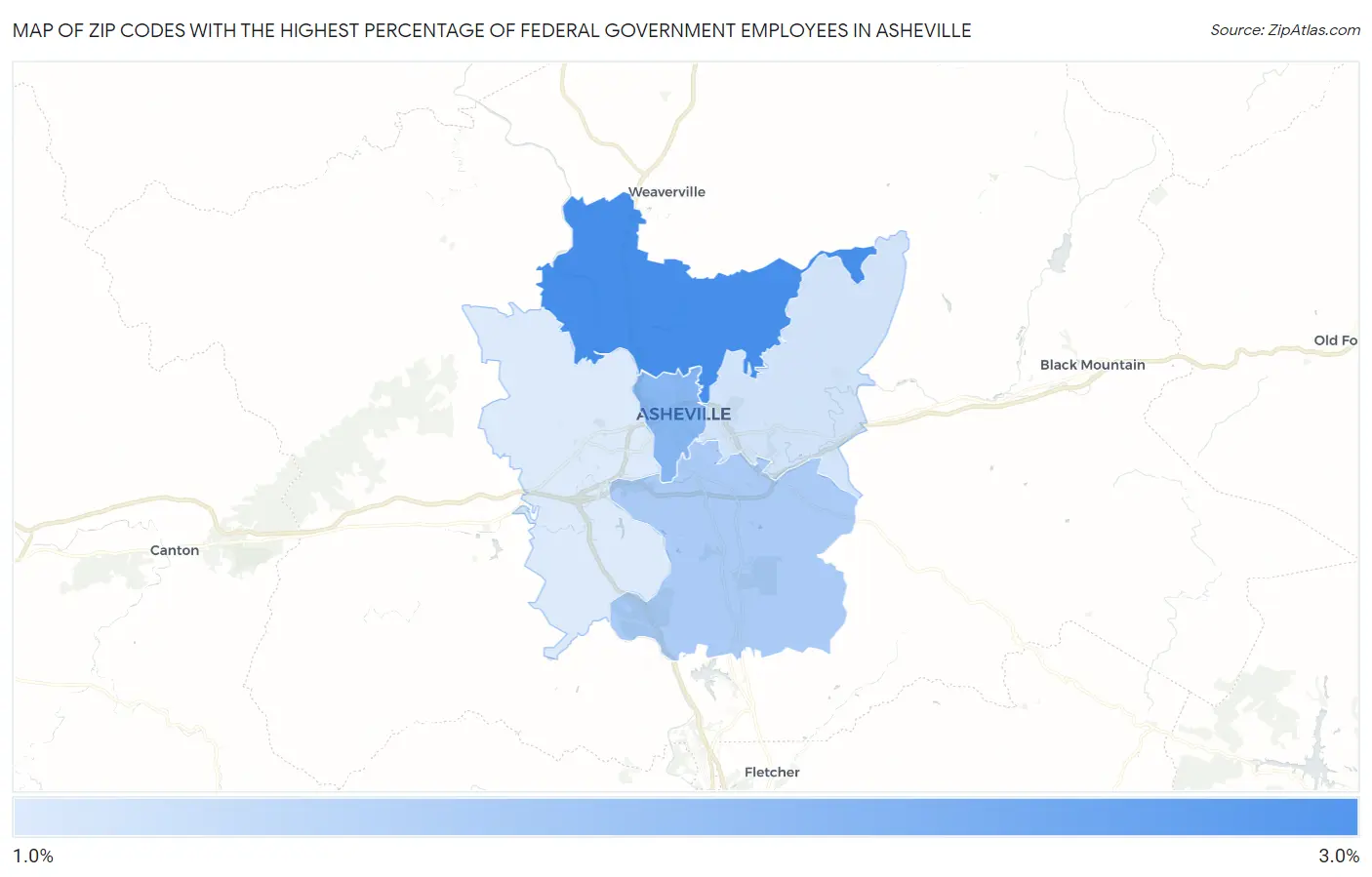 Zip Codes with the Highest Percentage of Federal Government Employees in Asheville Map