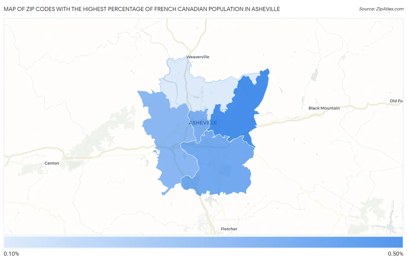 Zip Codes with the Highest Percentage of French Canadian Population in Asheville Map