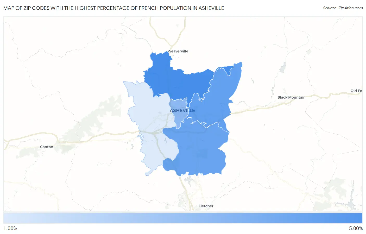 Zip Codes with the Highest Percentage of French Population in Asheville Map