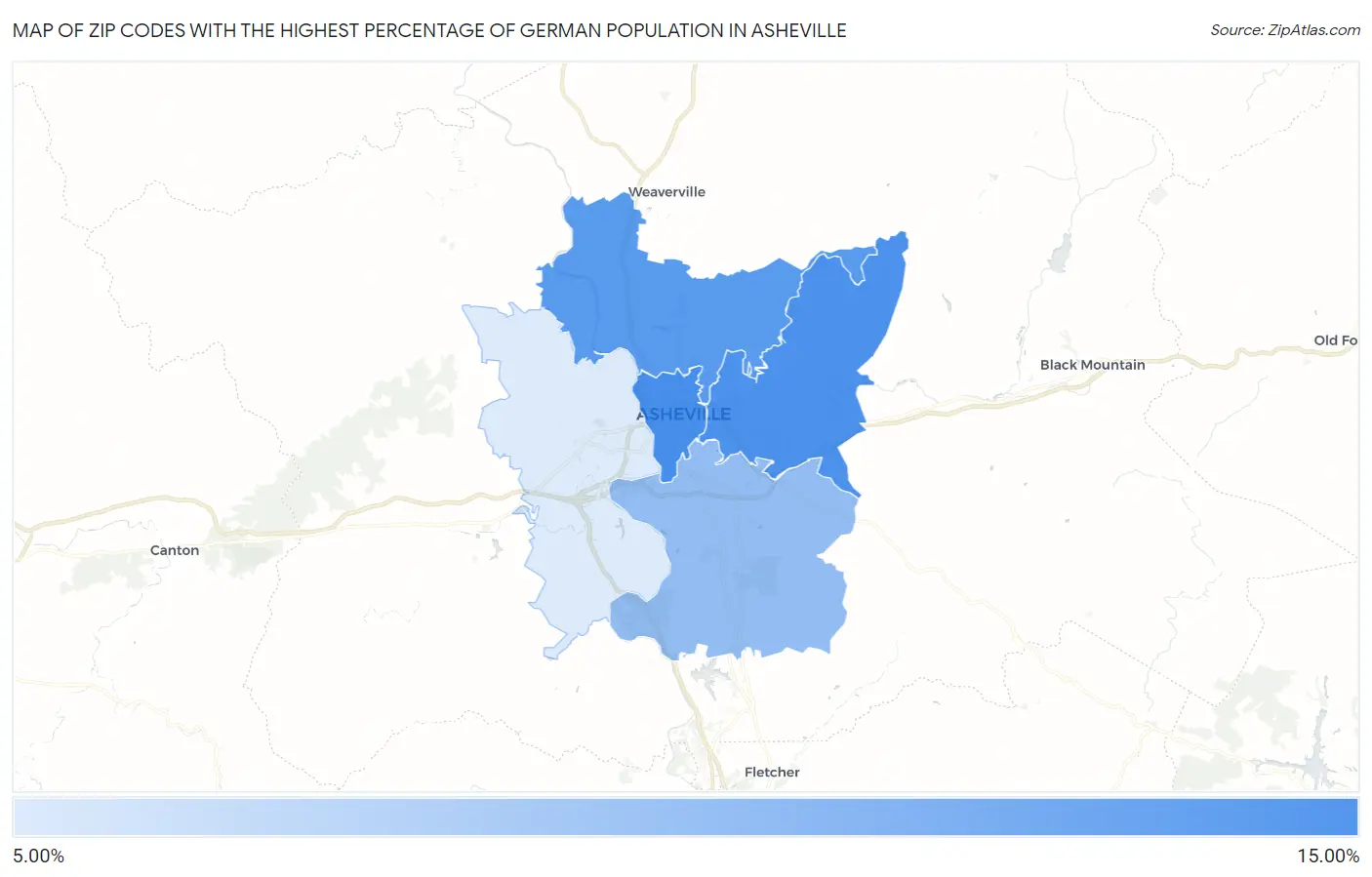 Zip Codes with the Highest Percentage of German Population in Asheville Map