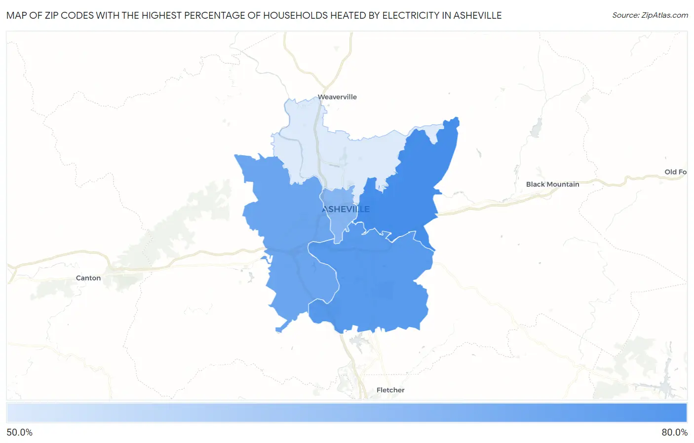 Zip Codes with the Highest Percentage of Households Heated by Electricity in Asheville Map