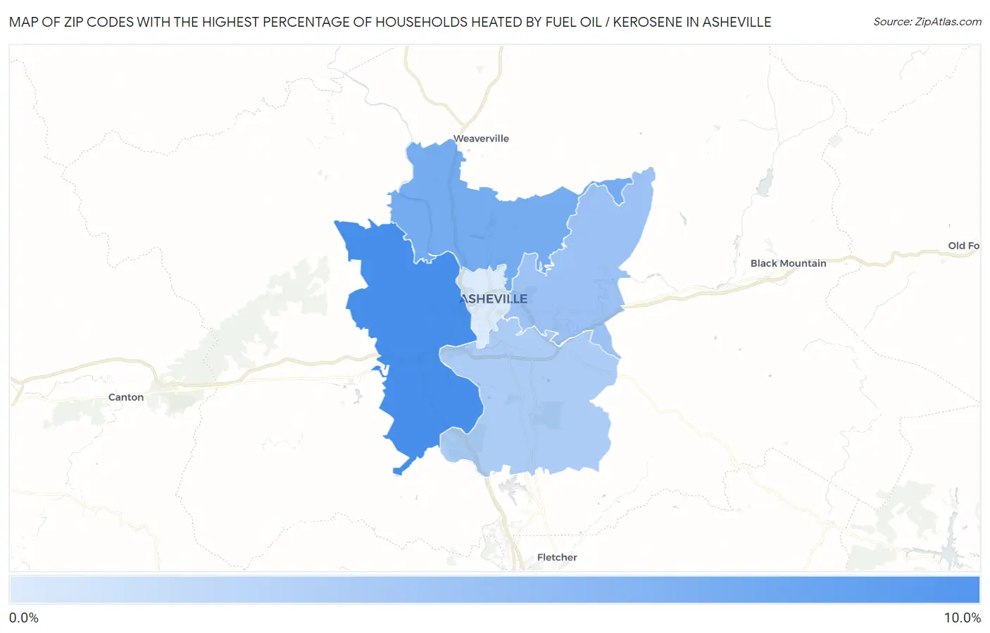 Zip Codes with the Highest Percentage of Households Heated by Fuel Oil / Kerosene in Asheville Map