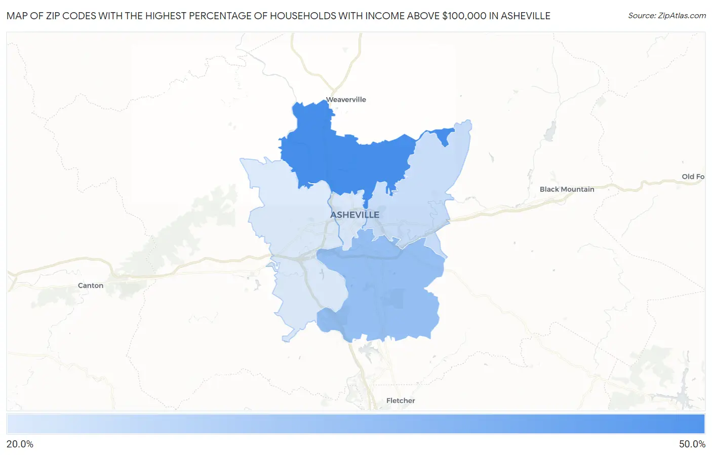 Zip Codes with the Highest Percentage of Households with Income Above $100,000 in Asheville Map