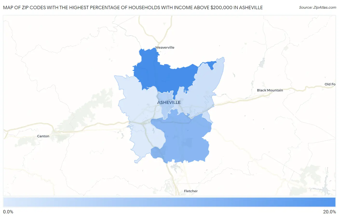 Zip Codes with the Highest Percentage of Households with Income Above $200,000 in Asheville Map