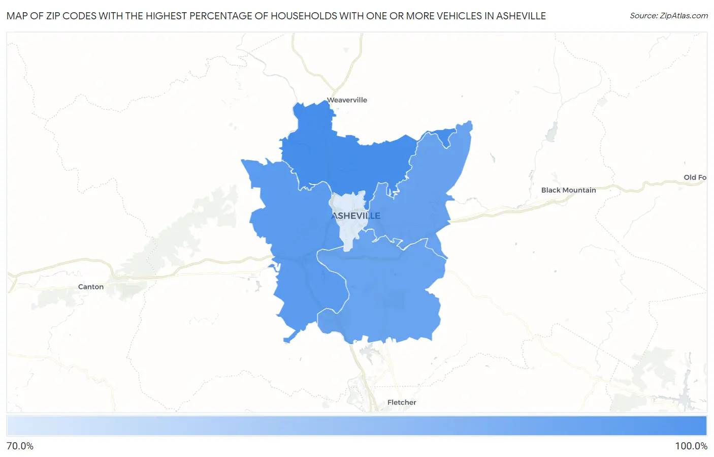 Zip Codes with the Highest Percentage of Households With One or more Vehicles in Asheville Map