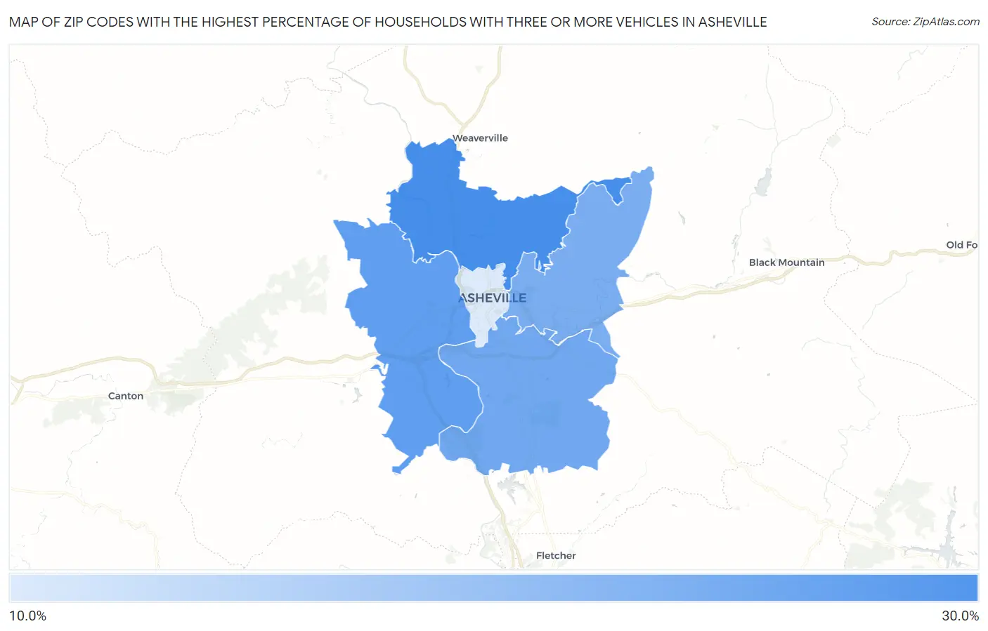 Zip Codes with the Highest Percentage of Households With Three or more Vehicles in Asheville Map
