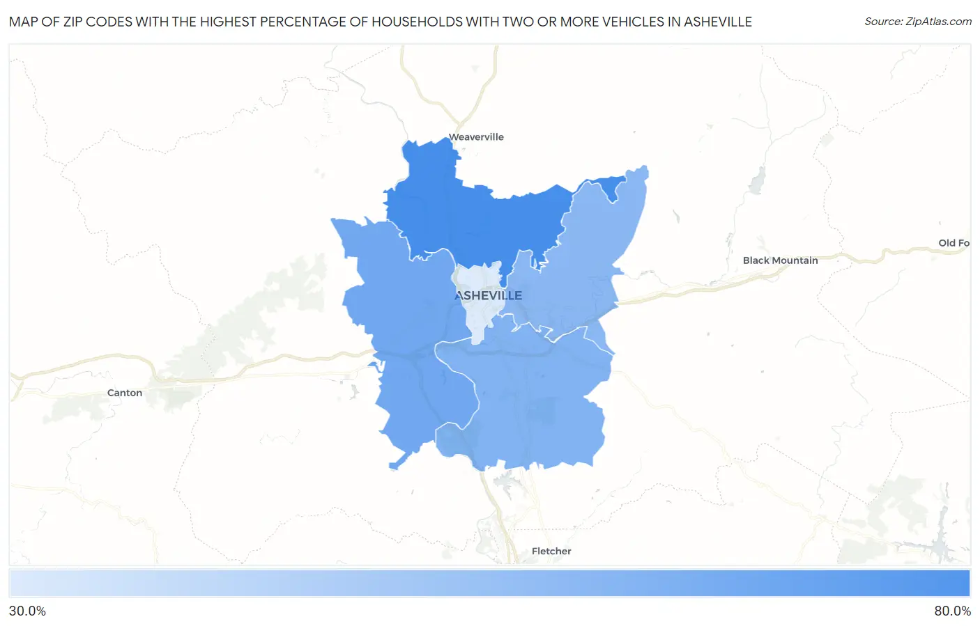 Zip Codes with the Highest Percentage of Households With Two or more Vehicles in Asheville Map