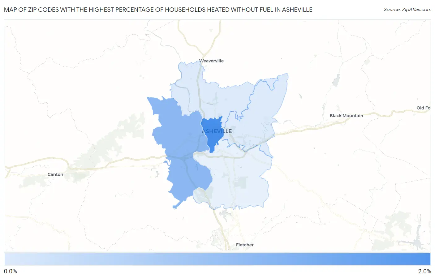 Zip Codes with the Highest Percentage of Households Heated without Fuel in Asheville Map