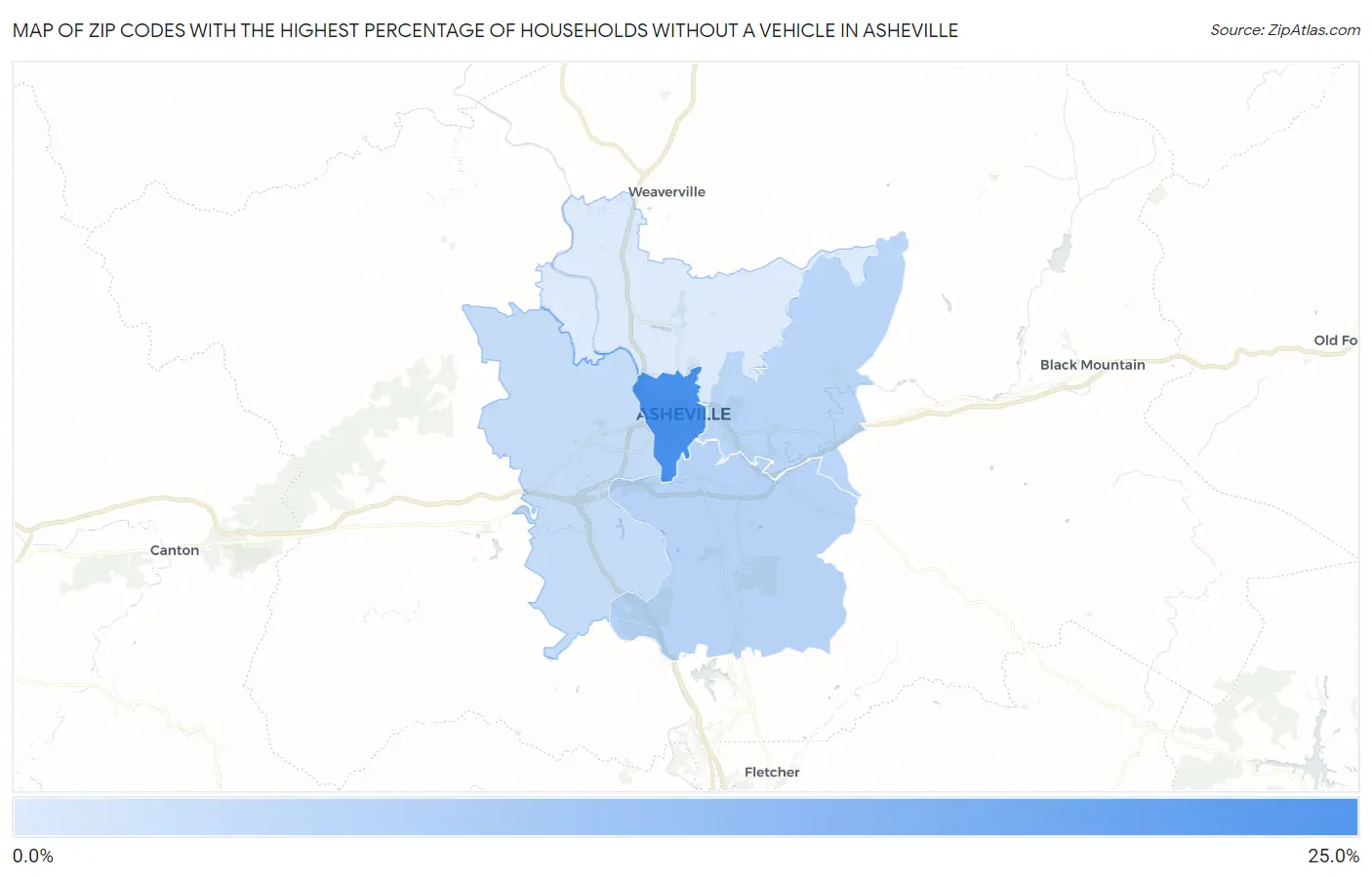 Zip Codes with the Highest Percentage of Households Without a Vehicle in Asheville Map