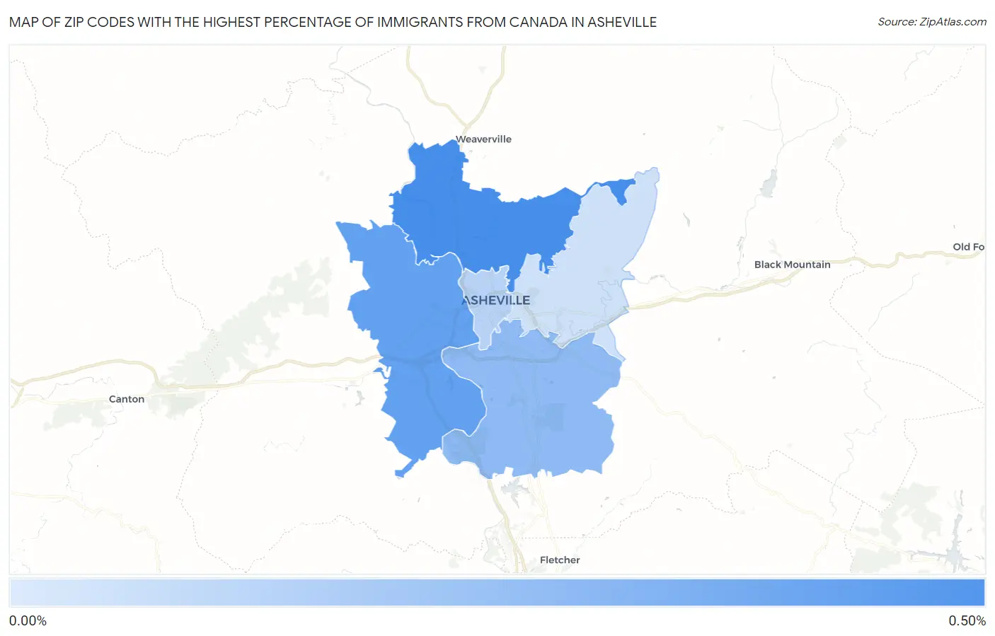 Zip Codes with the Highest Percentage of Immigrants from Canada in Asheville Map