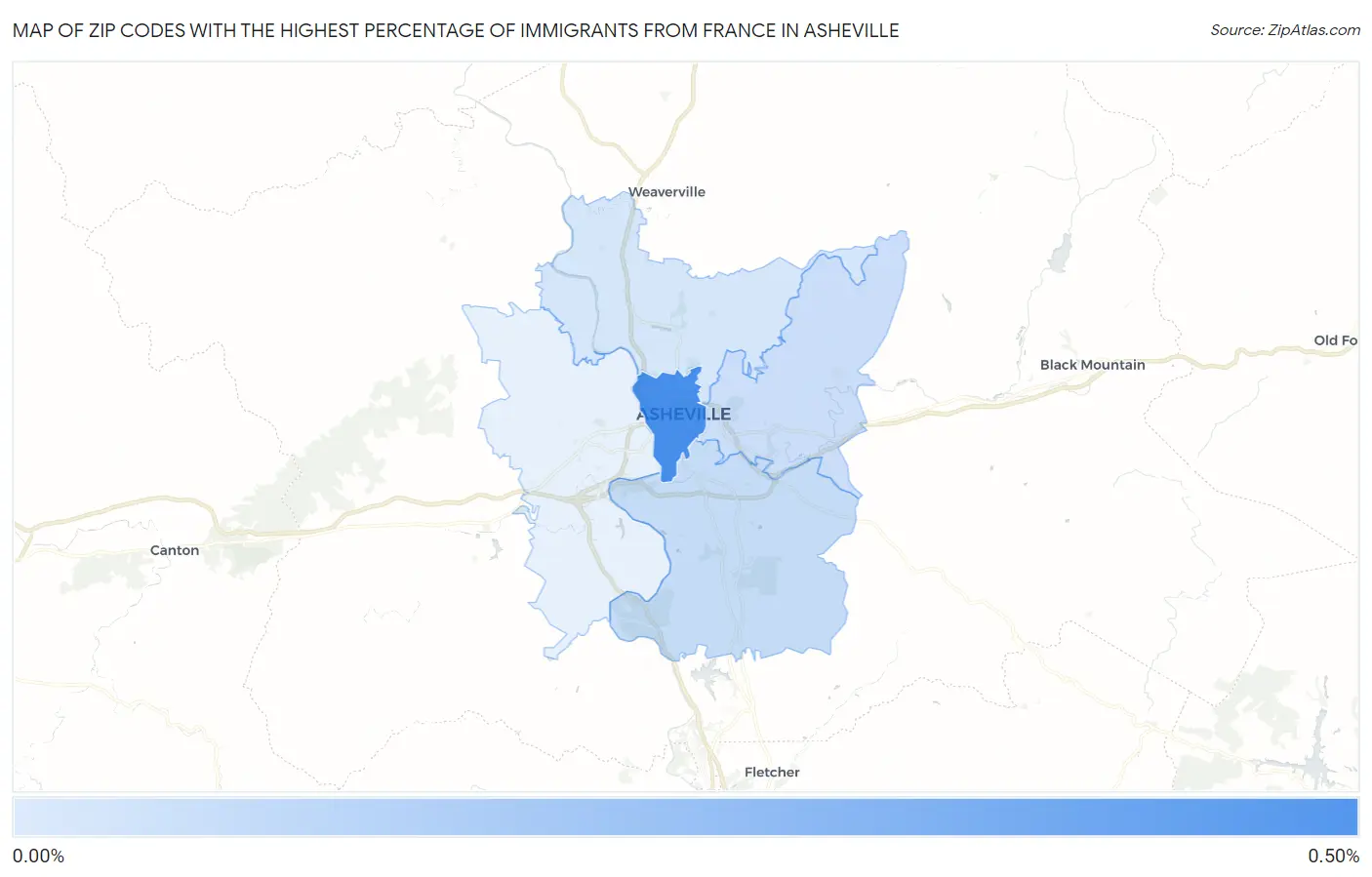 Zip Codes with the Highest Percentage of Immigrants from France in Asheville Map