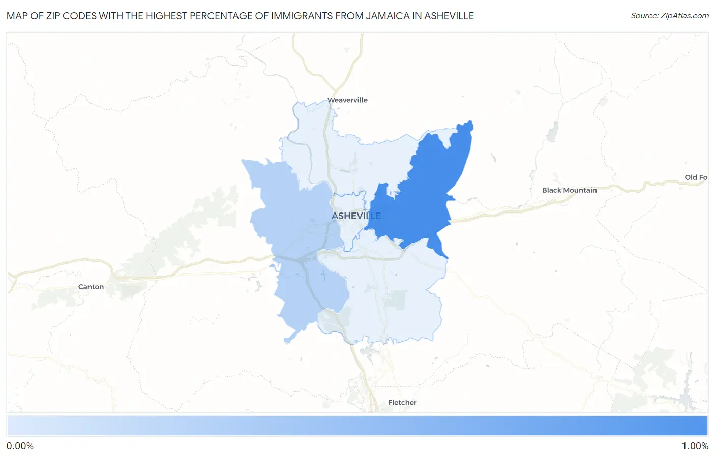 Zip Codes with the Highest Percentage of Immigrants from Jamaica in Asheville Map