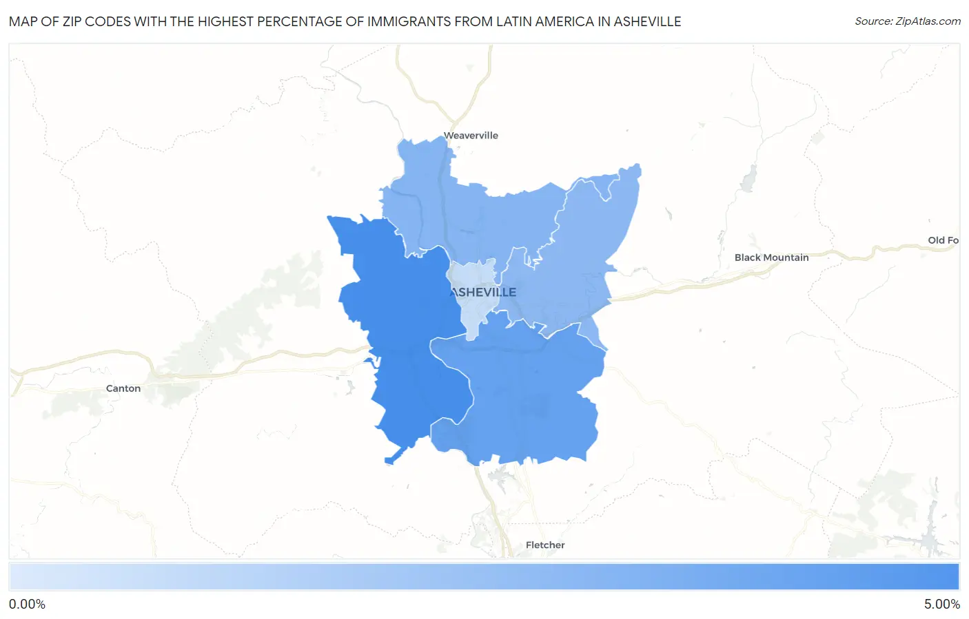 Zip Codes with the Highest Percentage of Immigrants from Latin America in Asheville Map