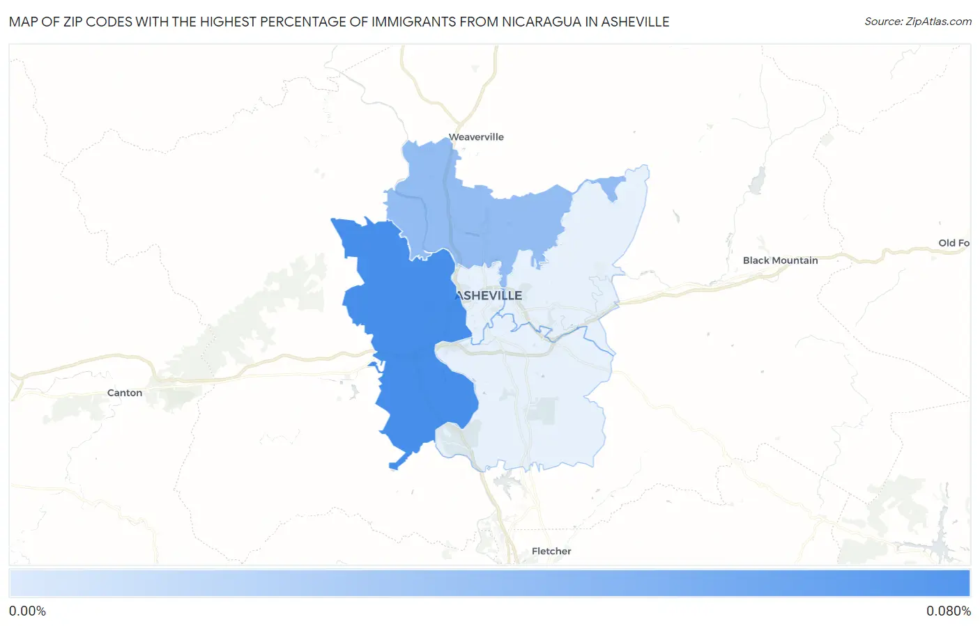 Zip Codes with the Highest Percentage of Immigrants from Nicaragua in Asheville Map
