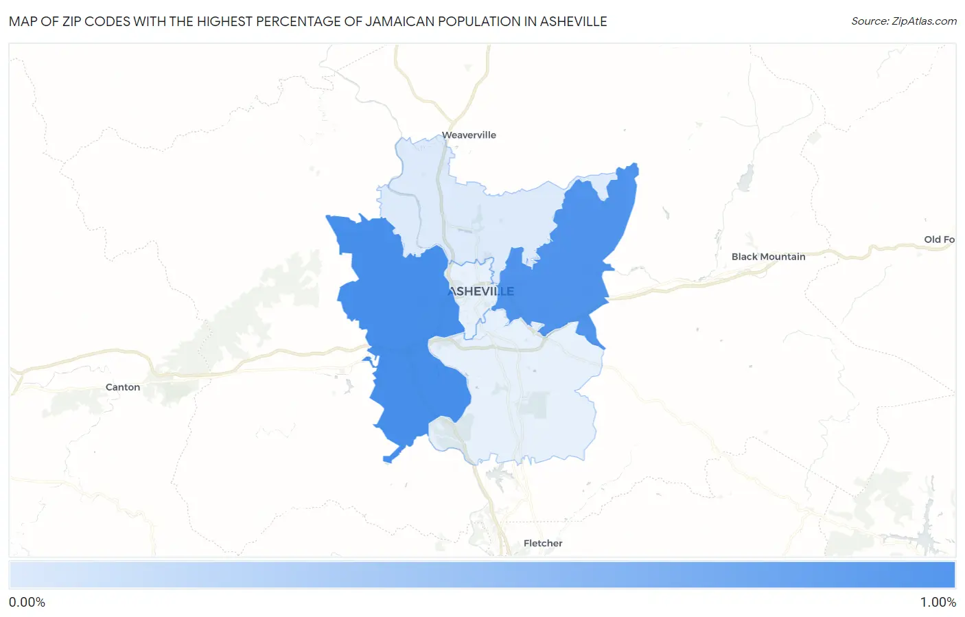 Zip Codes with the Highest Percentage of Jamaican Population in Asheville Map