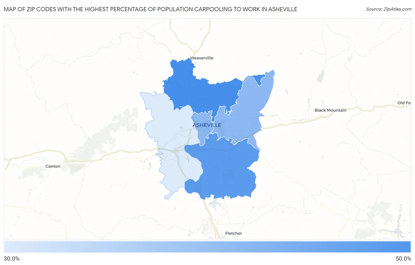 Zip Codes with the Highest Percentage of Population Carpooling to Work in Asheville Map