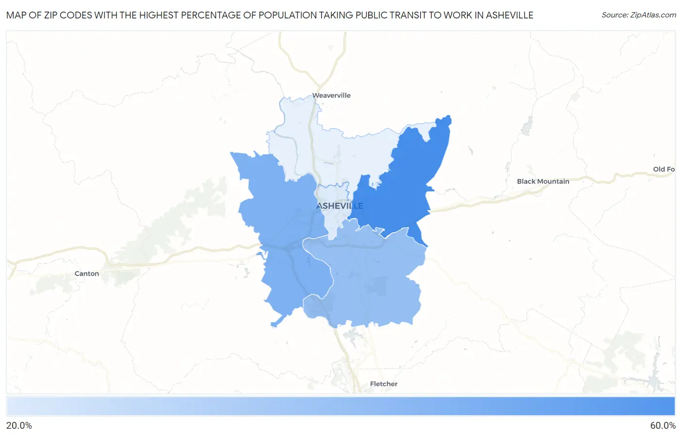 Zip Codes with the Highest Percentage of Population Taking Public Transit to Work in Asheville Map