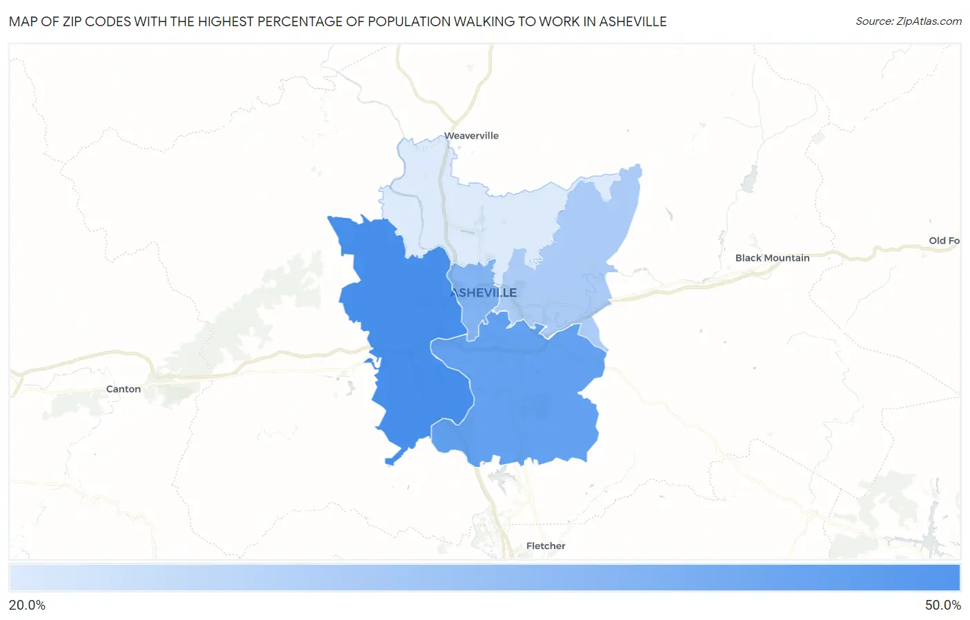 Zip Codes with the Highest Percentage of Population Walking to Work in Asheville Map