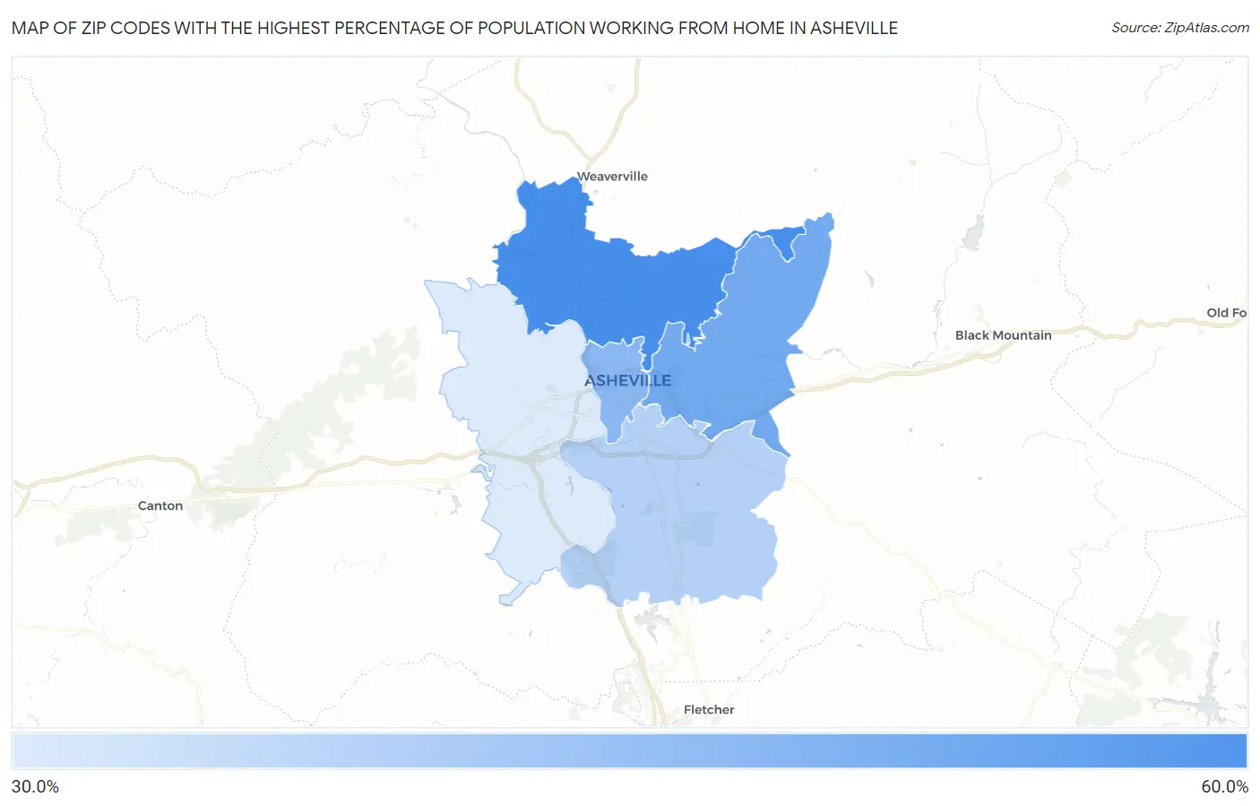 Zip Codes with the Highest Percentage of Population Working from Home in Asheville Map