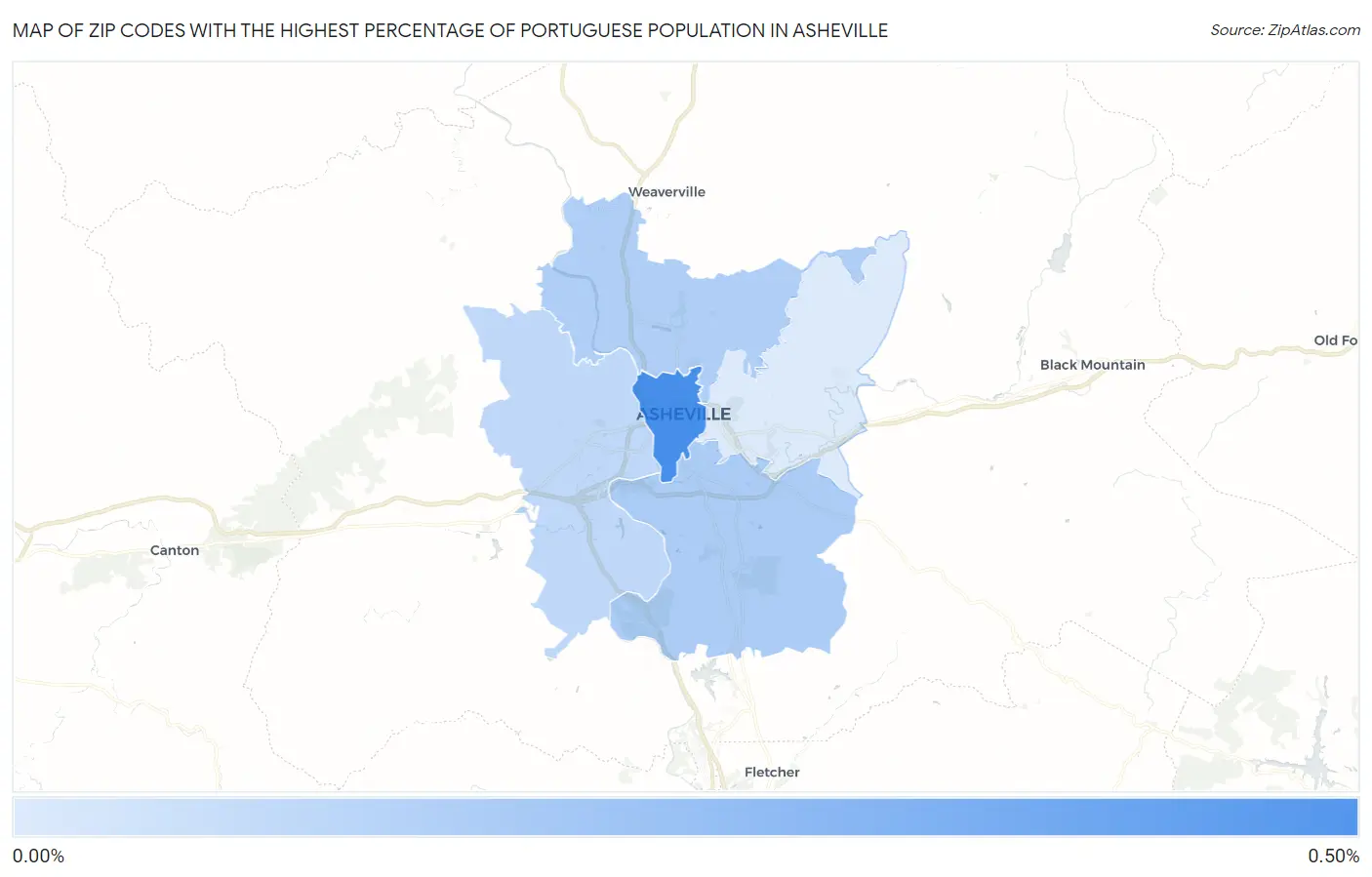 Zip Codes with the Highest Percentage of Portuguese Population in Asheville Map