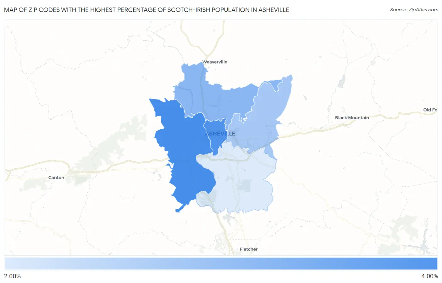 Zip Codes with the Highest Percentage of Scotch-Irish Population in Asheville Map