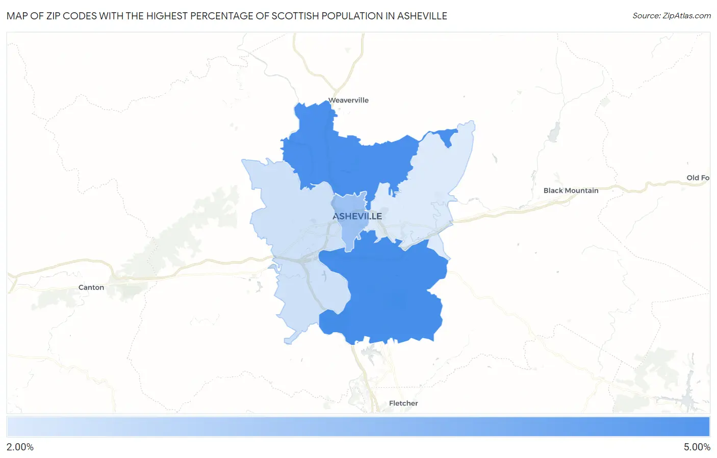 Zip Codes with the Highest Percentage of Scottish Population in Asheville Map