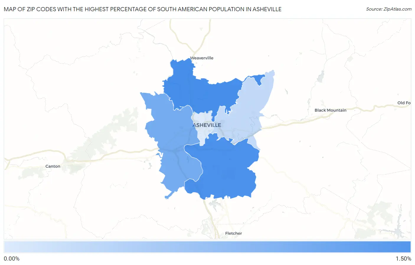 Zip Codes with the Highest Percentage of South American Population in Asheville Map