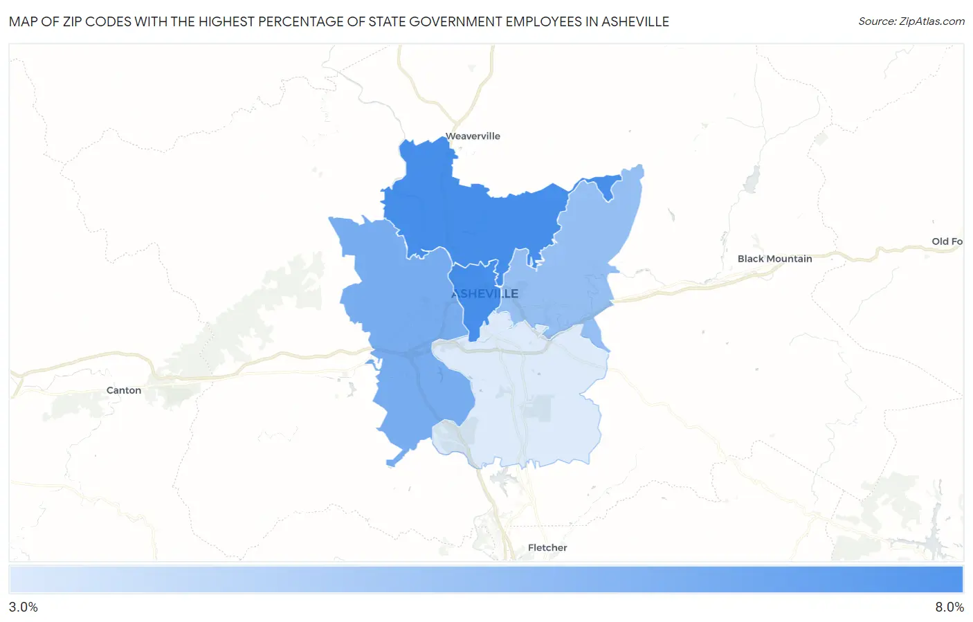 Zip Codes with the Highest Percentage of State Government Employees in Asheville Map