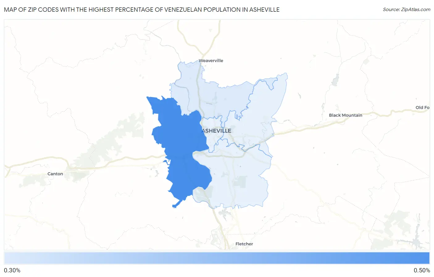 Zip Codes with the Highest Percentage of Venezuelan Population in Asheville Map