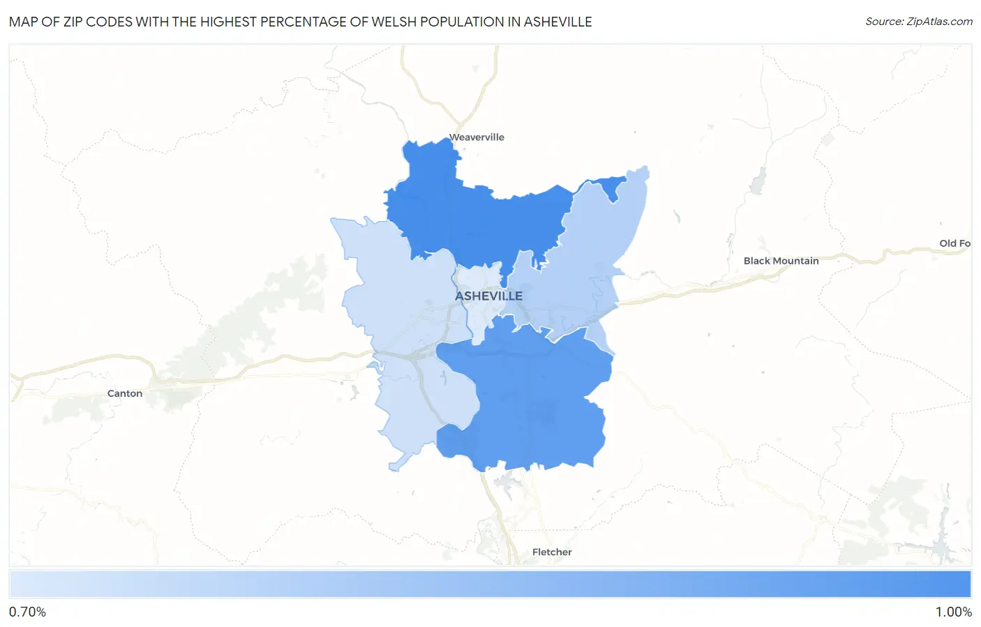 Zip Codes with the Highest Percentage of Welsh Population in Asheville Map