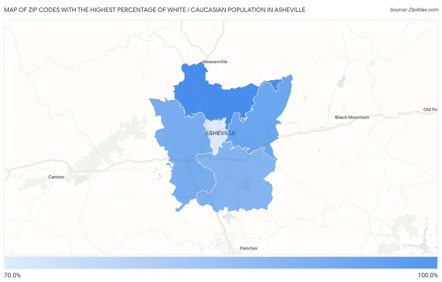 Zip Codes with the Highest Percentage of White / Caucasian Population in Asheville Map