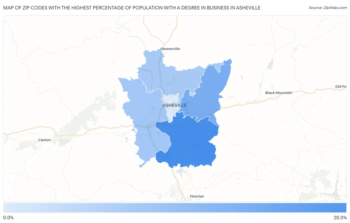 Zip Codes with the Highest Percentage of Population with a Degree in Business in Asheville Map