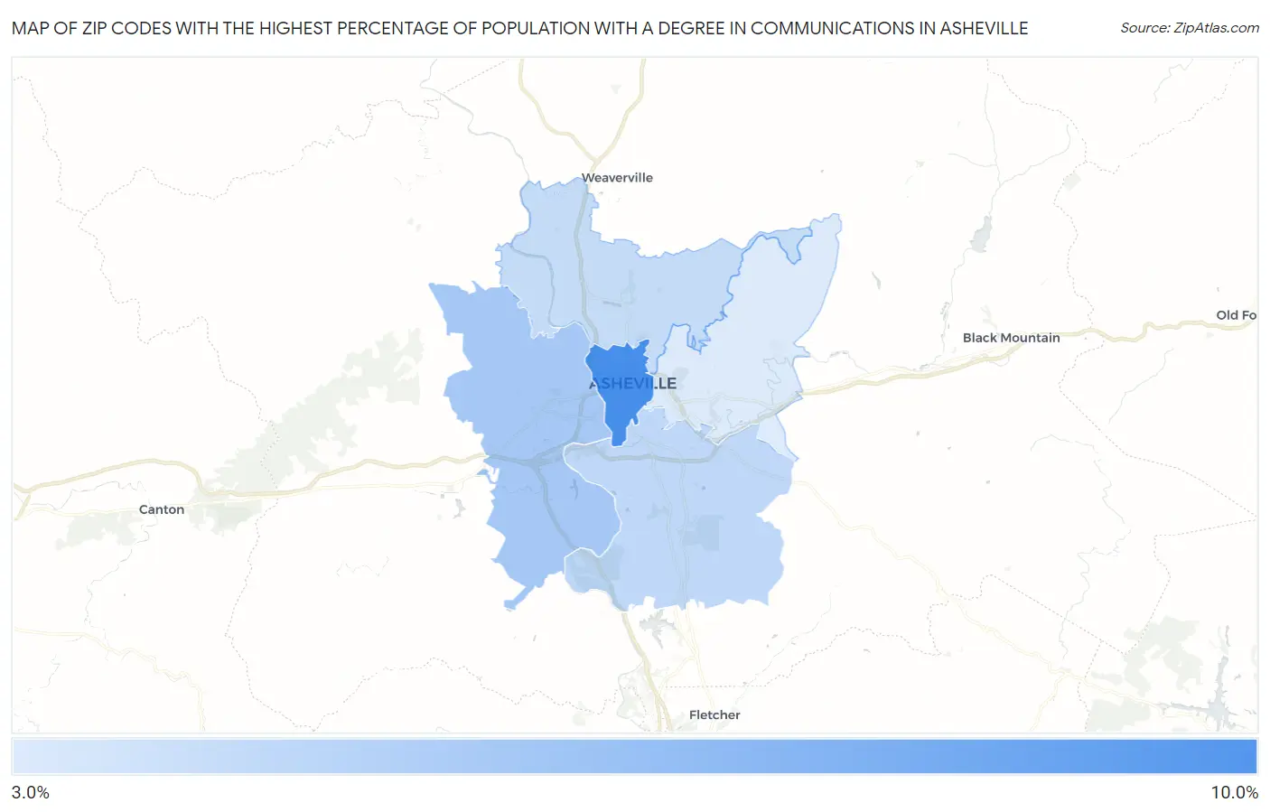 Zip Codes with the Highest Percentage of Population with a Degree in Communications in Asheville Map