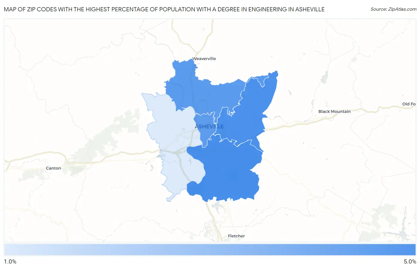Zip Codes with the Highest Percentage of Population with a Degree in Engineering in Asheville Map