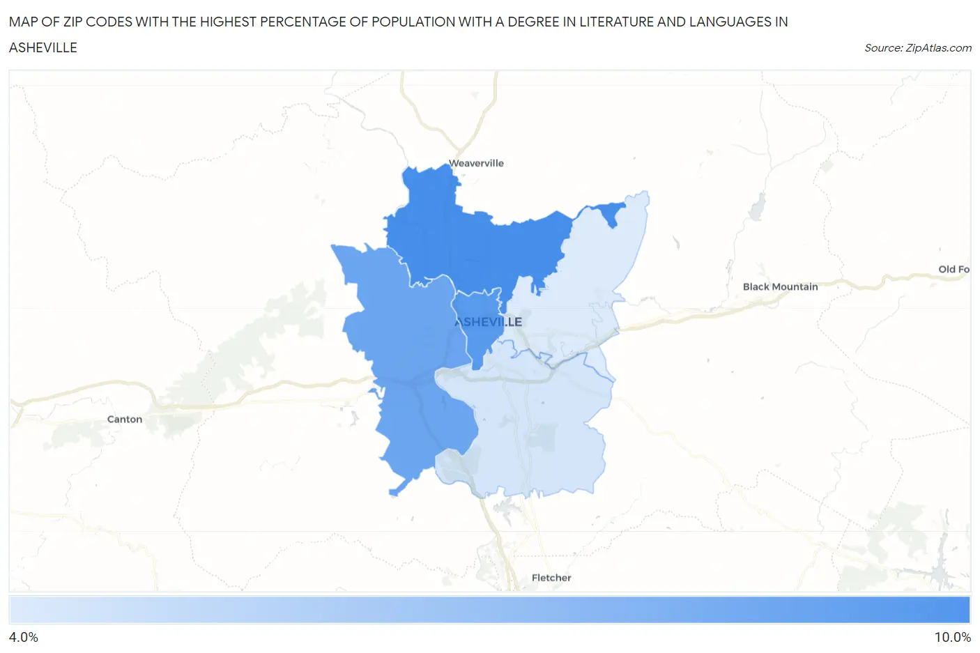 Zip Codes with the Highest Percentage of Population with a Degree in Literature and Languages in Asheville Map