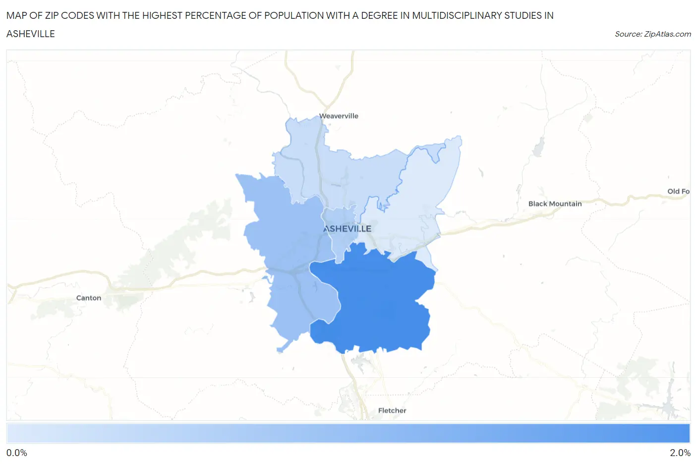 Zip Codes with the Highest Percentage of Population with a Degree in Multidisciplinary Studies in Asheville Map