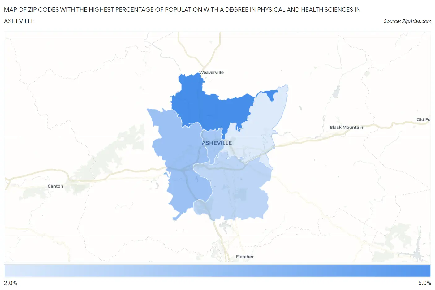 Zip Codes with the Highest Percentage of Population with a Degree in Physical and Health Sciences in Asheville Map
