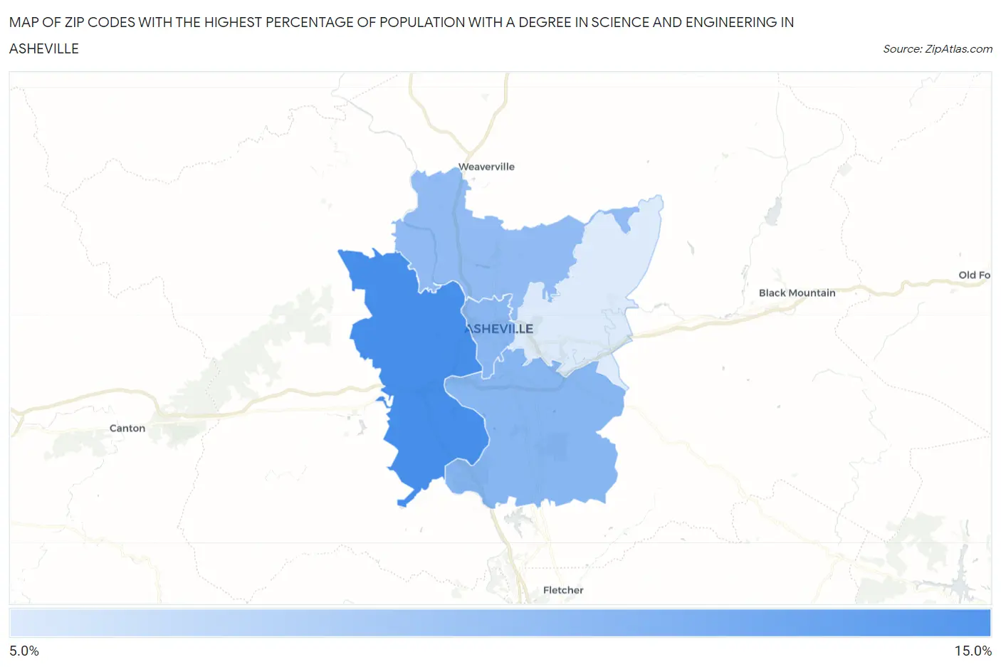 Zip Codes with the Highest Percentage of Population with a Degree in Science and Engineering in Asheville Map