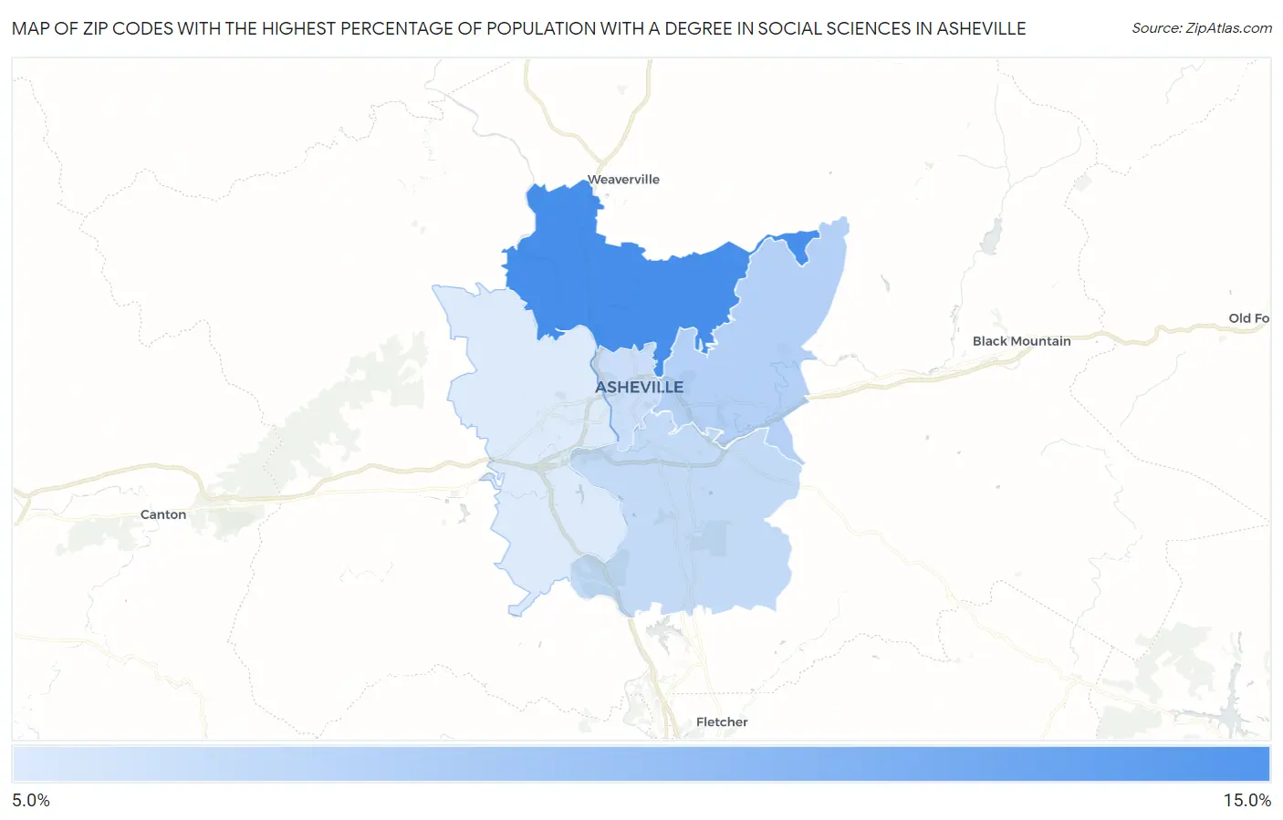 Zip Codes with the Highest Percentage of Population with a Degree in Social Sciences in Asheville Map
