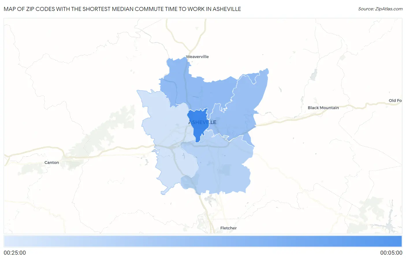 Zip Codes with the Shortest Median Commute Time to Work in Asheville Map