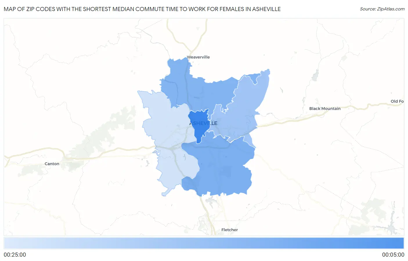 Zip Codes with the Shortest Median Commute Time to Work for Females in Asheville Map